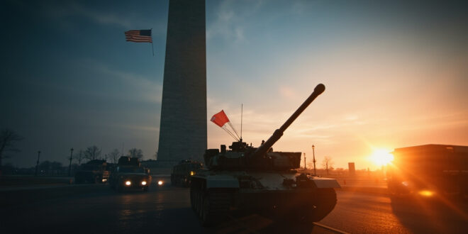 M1 Abrams tank displayed in military parade on National Mall with Washington Monument at dusk