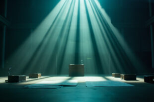 Unsigned ceasefire documents on an empty negotiation table in an abandoned diplomatic conference room with silent microphones.
