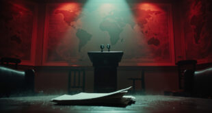 Empty presidential podium with microphone in abandoned diplomatic conference room, unmarked documents on table, world maps visible.