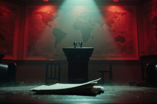Empty presidential podium with microphone in abandoned diplomatic conference room, unmarked documents on table, world maps visible.