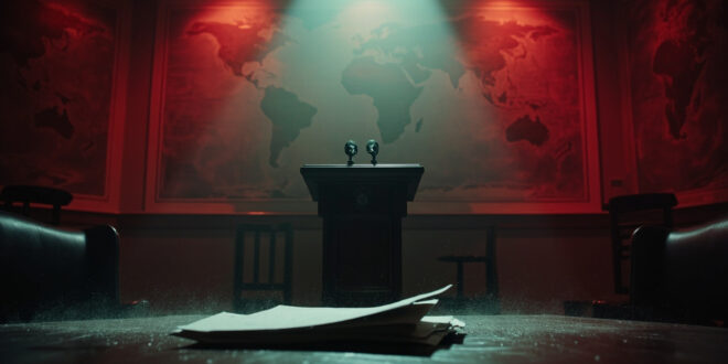 Empty presidential podium with microphone in abandoned diplomatic conference room, unmarked documents on table, world maps visible.
