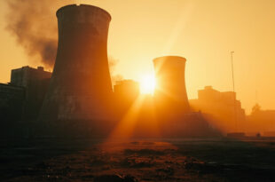 Abandoned nuclear facility with damaged cooling towers at dawn, concrete structures silhouetted against orange sky