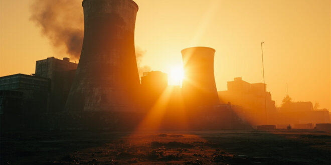 Abandoned nuclear facility with damaged cooling towers at dawn, concrete structures silhouetted against orange sky