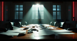 Abandoned diplomatic documents scattered across an empty mahogany conference table in a deserted negotiation room