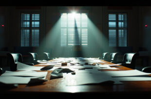 Abandoned diplomatic documents scattered across an empty mahogany conference table in a deserted negotiation room