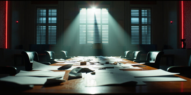 Abandoned diplomatic documents scattered across an empty mahogany conference table in a deserted negotiation room