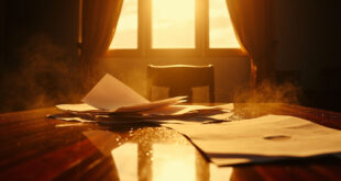Abandoned peace treaty documents lie unsigned on mahogany table in empty diplomatic conference room at dawn