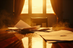 Abandoned peace treaty documents lie unsigned on mahogany table in empty diplomatic conference room at dawn
