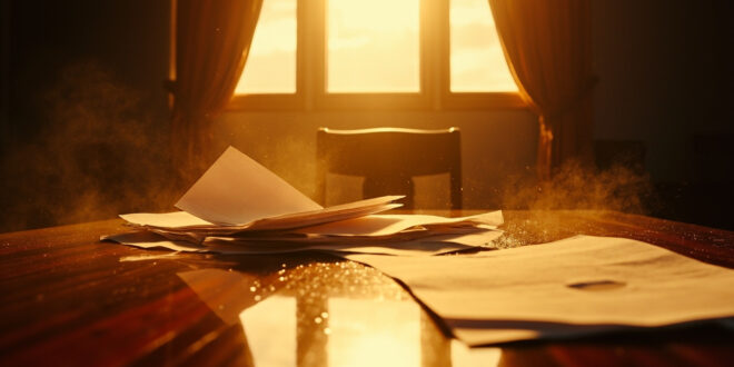 Abandoned peace treaty documents lie unsigned on mahogany table in empty diplomatic conference room at dawn