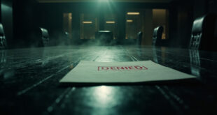 Classified documents with red DENIED stamp on polished conference table in empty high-security briefing room at night