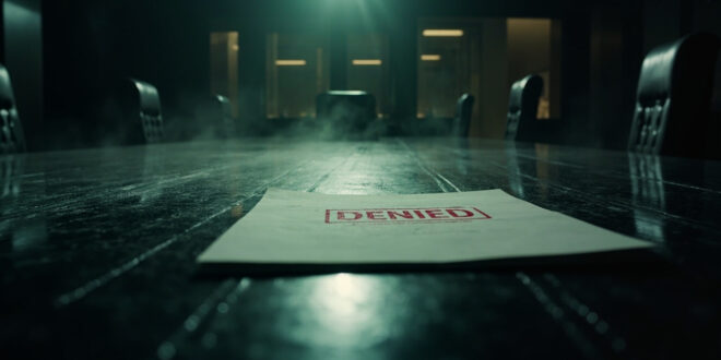 Classified documents with red DENIED stamp on polished conference table in empty high-security briefing room at night