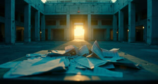 Empty border checkpoint at dawn with scattered official documents on desks in deserted immigration processing center