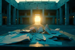 Empty border checkpoint at dawn with scattered official documents on desks in deserted immigration processing center