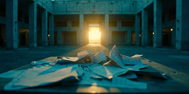Empty border checkpoint at dawn with scattered official documents on desks in deserted immigration processing center