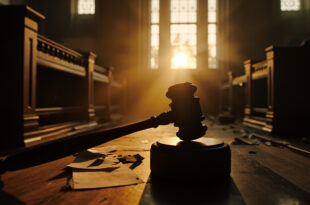 Empty courtroom with judge's gavel and legal documents on bench at dawn, awaiting political corruption trial
