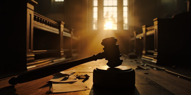 Empty courtroom with judge's gavel and legal documents on bench at dawn, awaiting political corruption trial