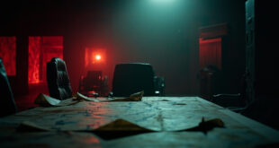 Abandoned war room with strategic maps lit by warning red lights in empty military command center at night