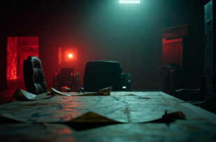 Abandoned war room with strategic maps lit by warning red lights in empty military command center at night