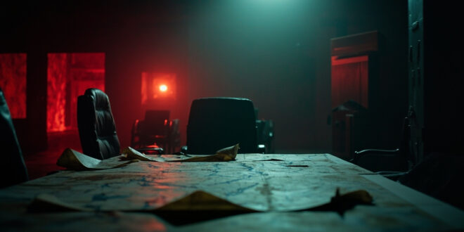 Abandoned war room with strategic maps lit by warning red lights in empty military command center at night