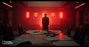 Abandoned military command center at dawn showing empty war room with strategic maps and sealed documents on tables