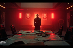Abandoned military command center at dawn showing empty war room with strategic maps and sealed documents on tables
