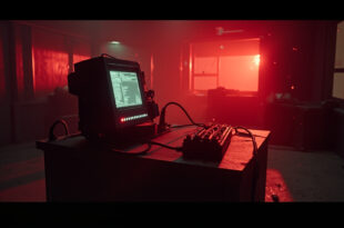 Abandoned military command center at night with silent communication equipment and blinking console lights during crisis