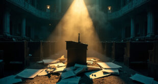Empty parliament chamber with abandoned defense budget documents on desks at twilight, bathed in deep blue and gold light.