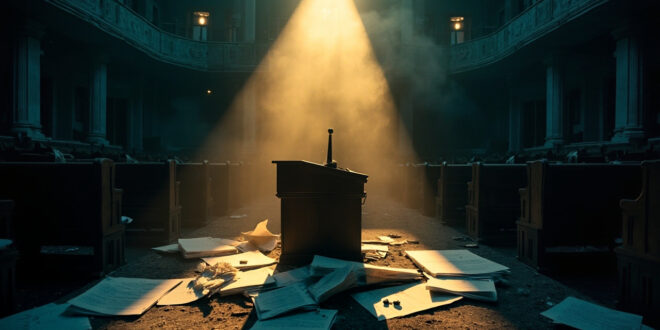 Empty parliament chamber with abandoned defense budget documents on desks at twilight, bathed in deep blue and gold light.