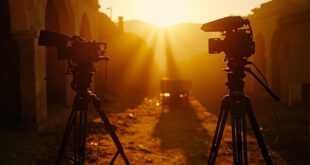 Abandoned film equipment silhouetted against dawn light in an ancient Italian hilltop city with golden ochre stone buildings