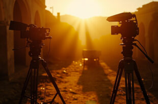 Abandoned film equipment silhouetted against dawn light in an ancient Italian hilltop city with golden ochre stone buildings