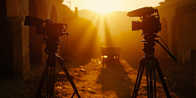 Abandoned film equipment silhouetted against dawn light in an ancient Italian hilltop city with golden ochre stone buildings