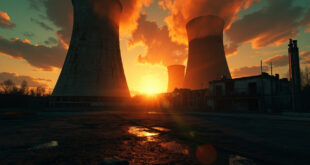 Abandoned nuclear facility with damaged cooling towers in empty industrial complex at dusk after strike