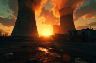 Abandoned nuclear facility with damaged cooling towers in empty industrial complex at dusk after strike