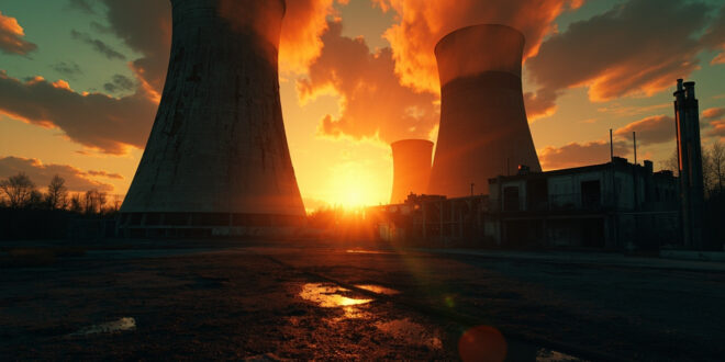 Abandoned nuclear facility with damaged cooling towers in empty industrial complex at dusk after strike