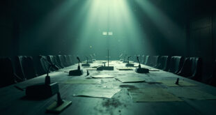 Abandoned diplomatic conference room at dawn with unsigned ceasefire documents on an empty negotiation table