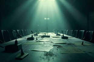 Abandoned diplomatic conference room at dawn with unsigned ceasefire documents on an empty negotiation table