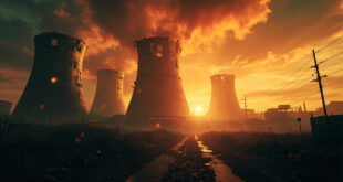 Abandoned nuclear facility with damaged cooling towers and warning signs at dawn, bathed in orange glow after strike