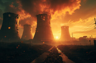 Abandoned nuclear facility with damaged cooling towers and warning signs at dawn, bathed in orange glow after strike