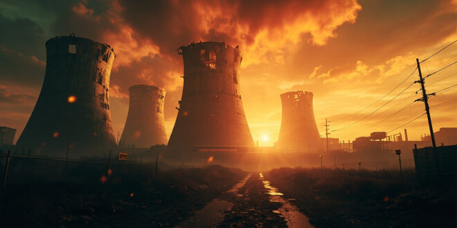 Abandoned nuclear facility with damaged cooling towers and warning signs at dawn, bathed in orange glow after strike