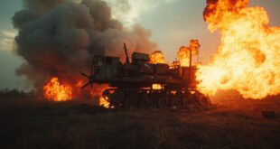 Abandoned North Korean missile launcher exploding in empty rural battlefield, wreckage and flames visible