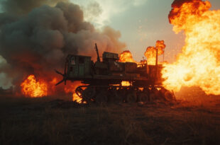 Abandoned North Korean missile launcher exploding in empty rural battlefield, wreckage and flames visible