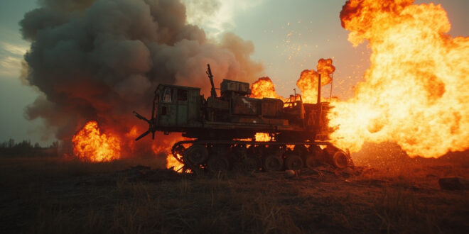 Abandoned North Korean missile launcher exploding in empty rural battlefield, wreckage and flames visible