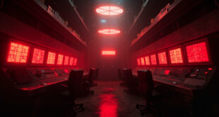 Abandoned nuclear command center with blinking red warning lights and empty control stations in dimly lit military facility