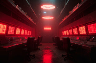 Abandoned nuclear command center with blinking red warning lights and empty control stations in dimly lit military facility