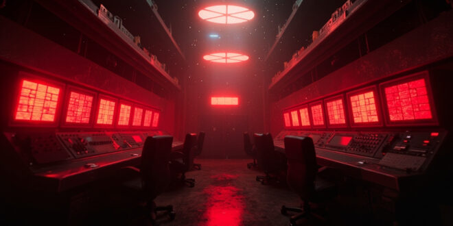 Abandoned nuclear command center with blinking red warning lights and empty control stations in dimly lit military facility