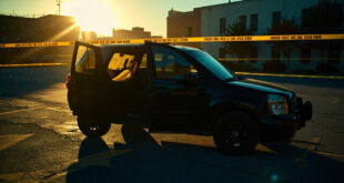 Abandoned police SUV with open doors in empty dawn parking lot, unmarked documents visible on dashboard, surrounded by police tape