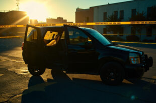 Abandoned police SUV with open doors in empty dawn parking lot, unmarked documents visible on dashboard, surrounded by police tape