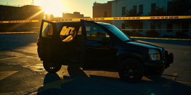 Abandoned police SUV with open doors in empty dawn parking lot, unmarked documents visible on dashboard, surrounded by police tape