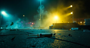 Abandoned medical supplies including a discarded syringe on empty pavement at a deserted festival plaza at night
