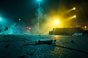 Abandoned medical supplies including a discarded syringe on empty pavement at a deserted festival plaza at night